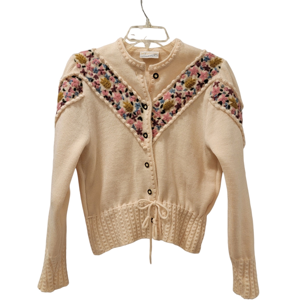 Rare Austria Wool Floral Embroidered Cream Cardigan Cottagecore Fairycore Stain